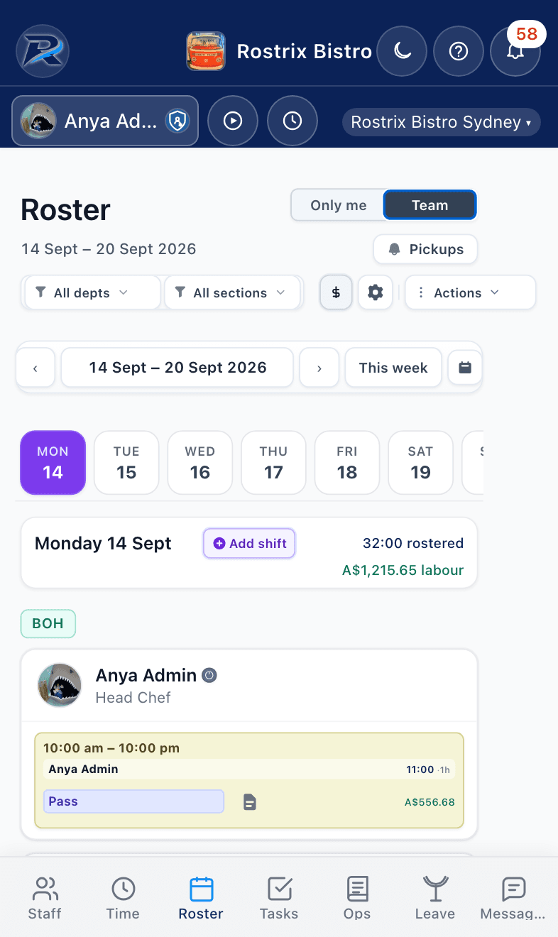 Published roster on mobile — Rostrix Bistro